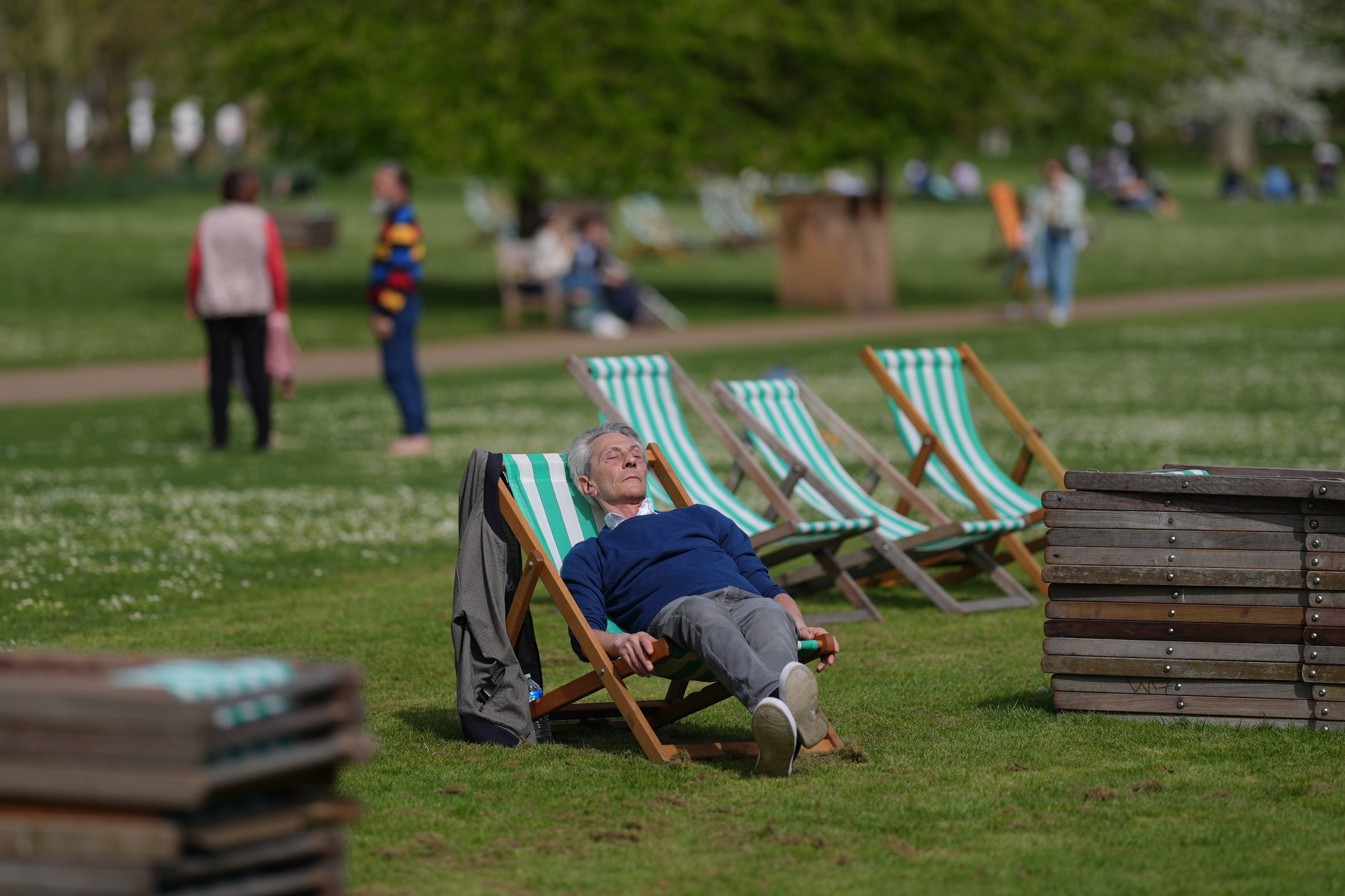 People relaxing in the warm weather in St James’s Park, London (PA)