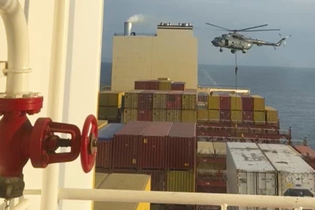<p>A video apparently captured the Iranian helicopter raid on the MSC Aries near the Strait of Hormuz on Saturday</p>