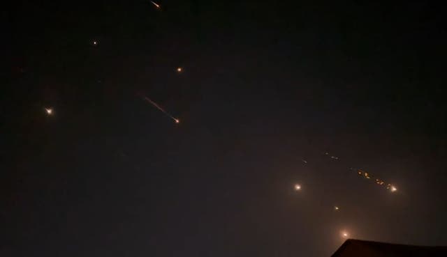 <p>This video grab from AFPTV taken on 14 April  2024 shows explosions lighting up the sky in Hebron, Palestinian Territories, during an Iranian attack on Israel</p>