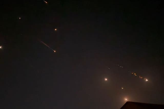 <p>This video grab from AFPTV taken on 14 April  2024 shows explosions lighting up the sky in Hebron, Palestinian Territories, during an Iranian attack on Israel</p>