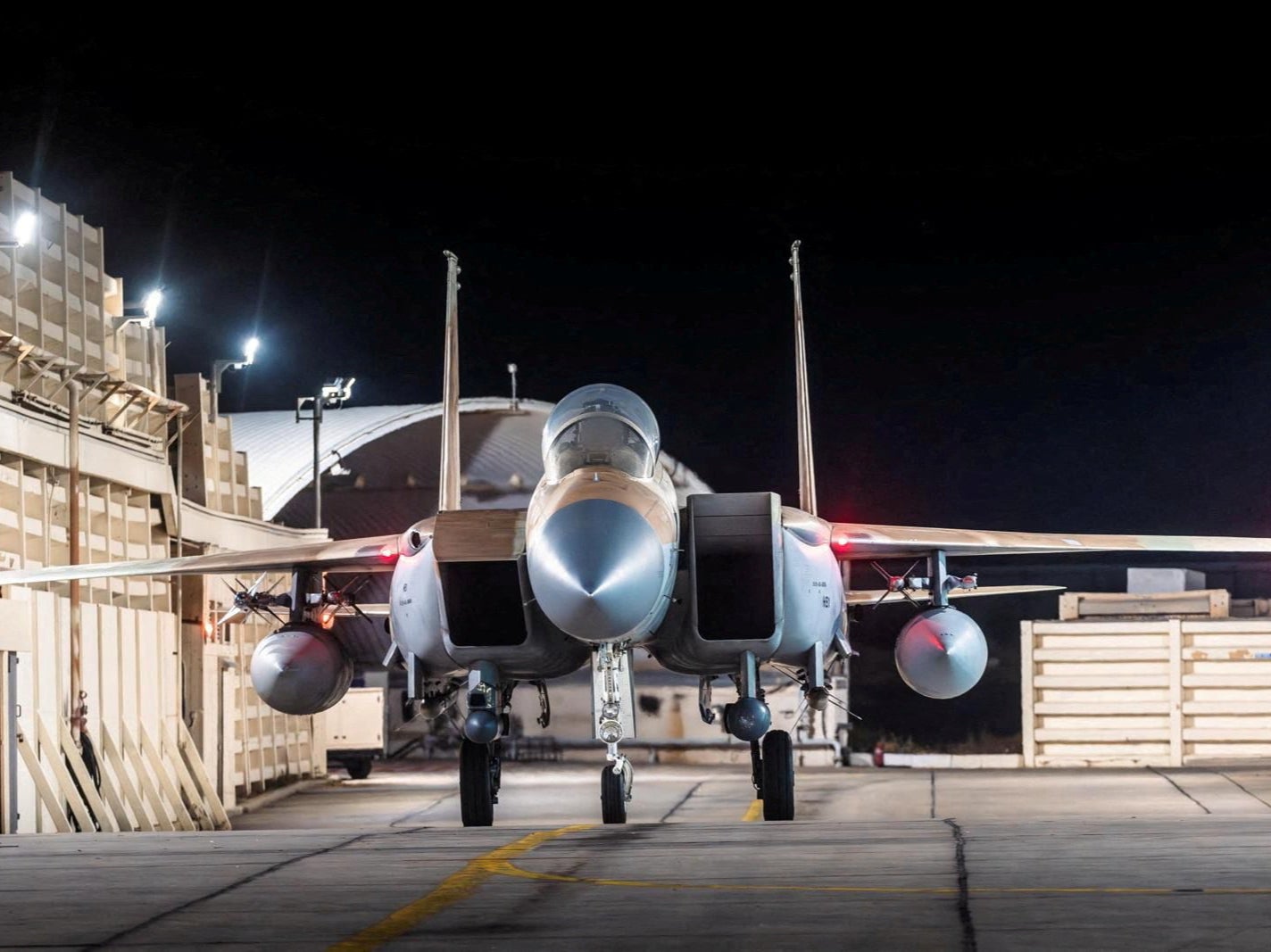 An Israeli air force F-15 Eagle at an airbase in the early hours of Sunday