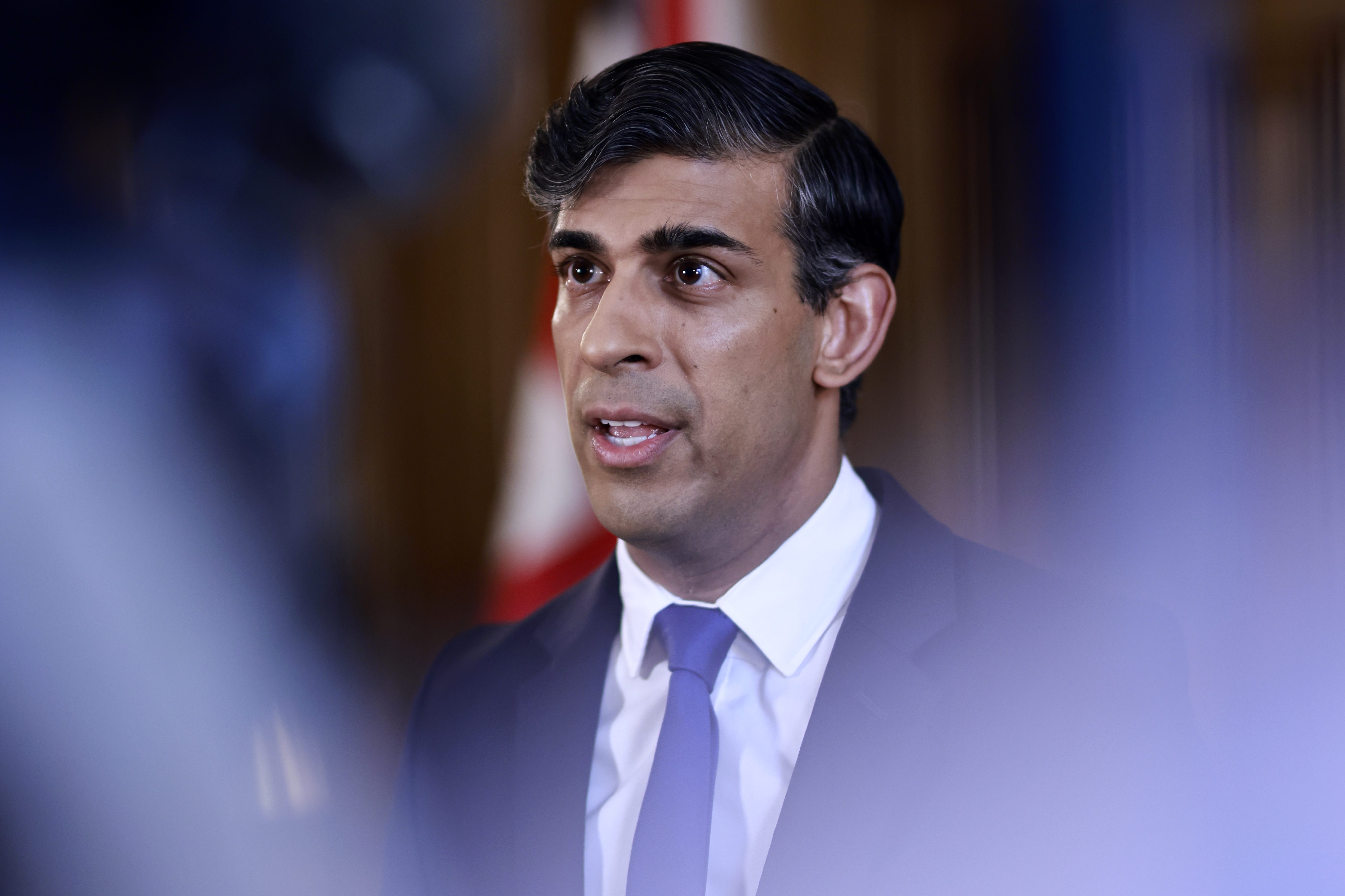 Prime Minister Rishi Sunak records a statement inside 10 Downing Street (Benjamin Cremel/PA)