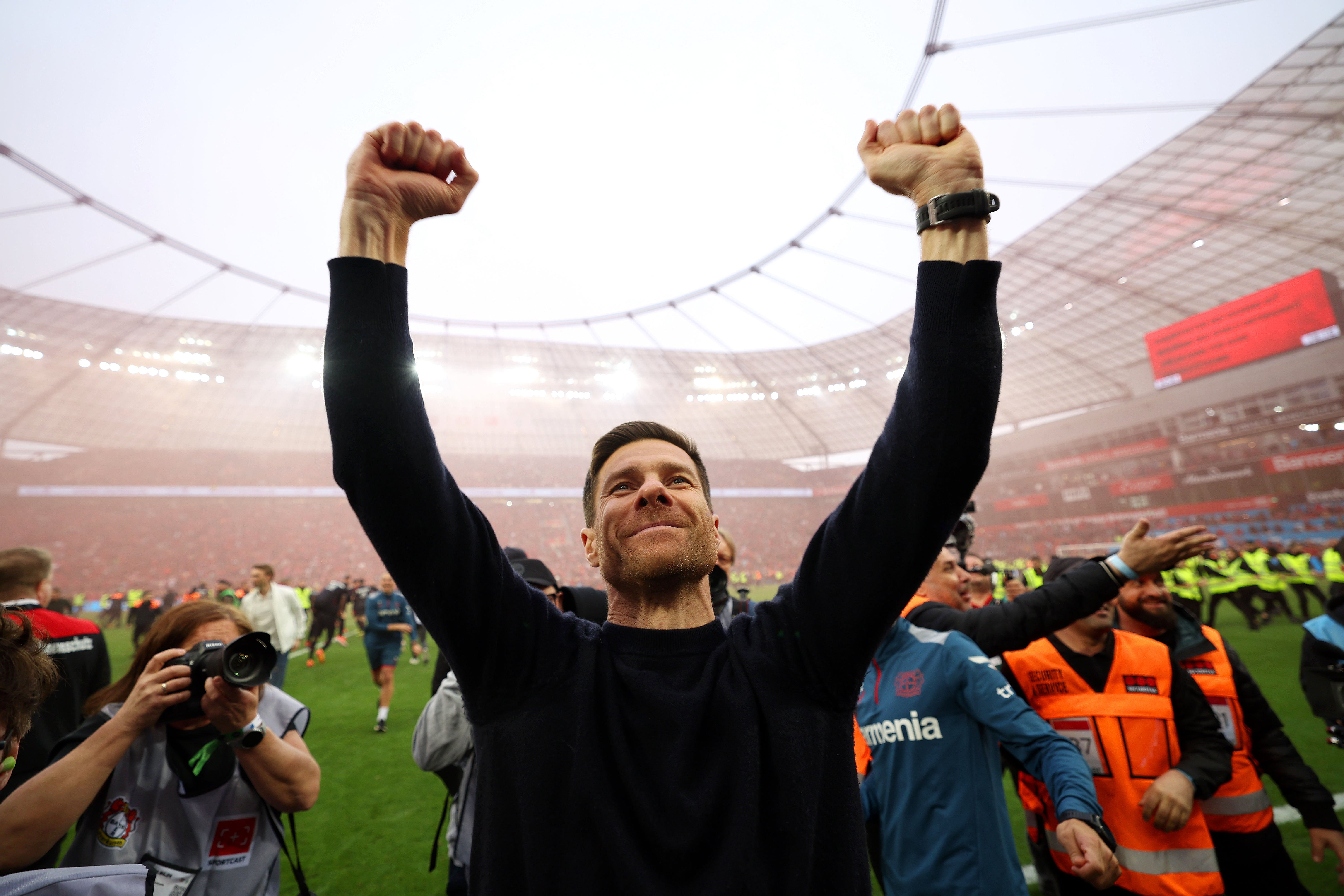 Xabi Alonso celebrates as Bayer Leverkusen were crowned Bundesliga champions