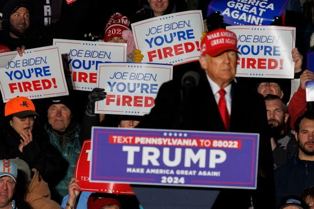 <p>Supporters of Donald Trump chanted ‘Genocide Joe’ at his campaign rally, pictured above in Schnecksville, Pennsylvania, on Saturday evening</p>