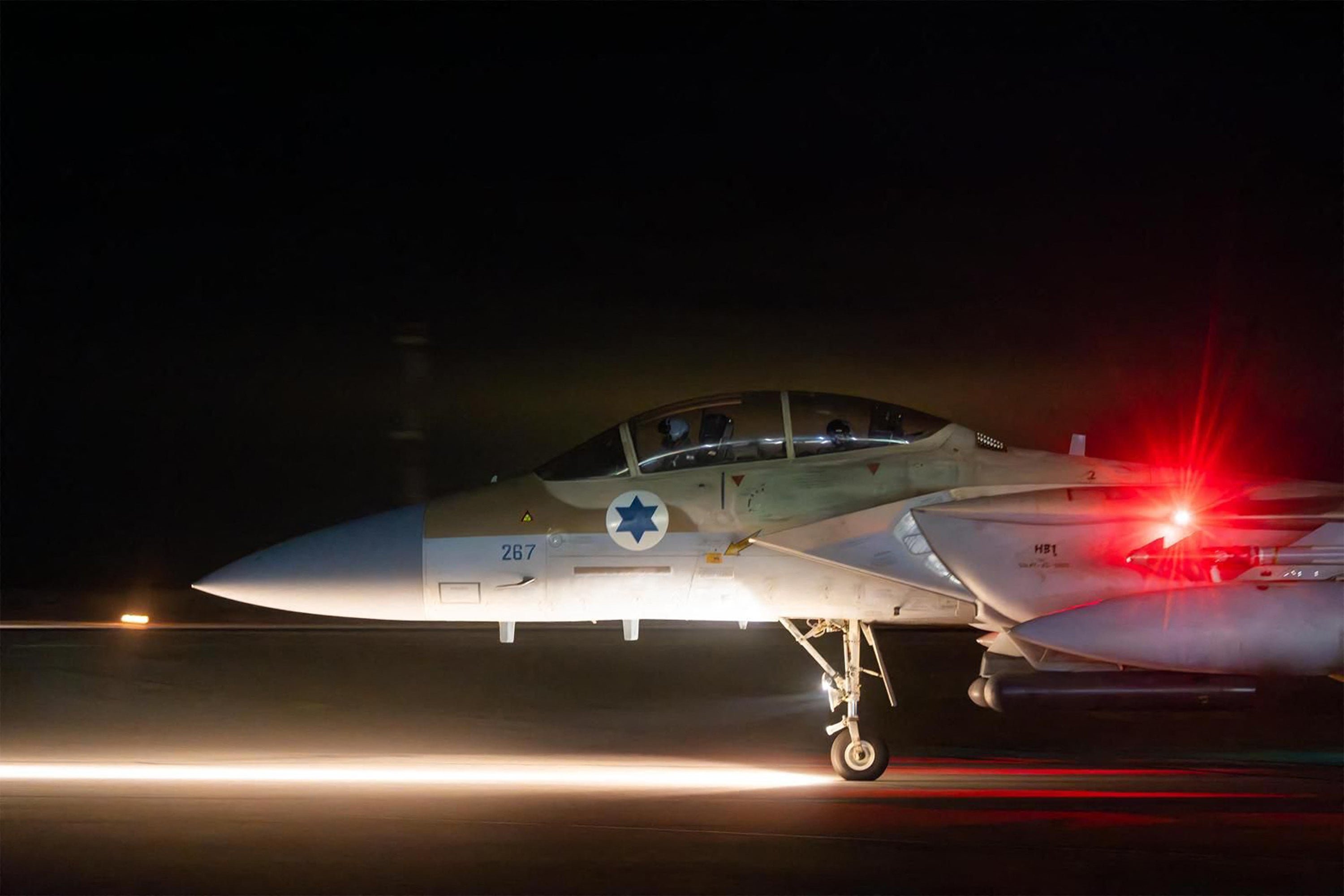 An Israeli Air Force fighter aircraft at an undisclosed airfield reportedly after a mission to intercept incoming airborne threats