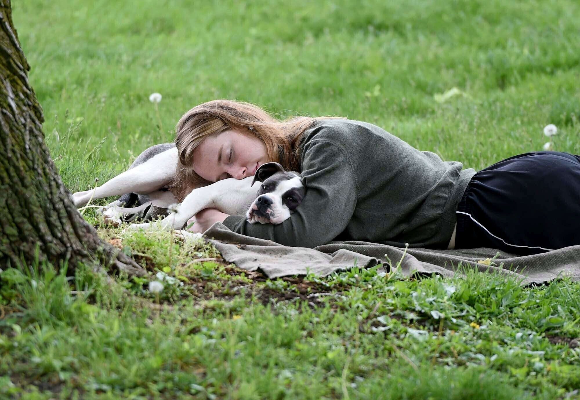 A woman and her dog nap between rain showers at Schenley Park