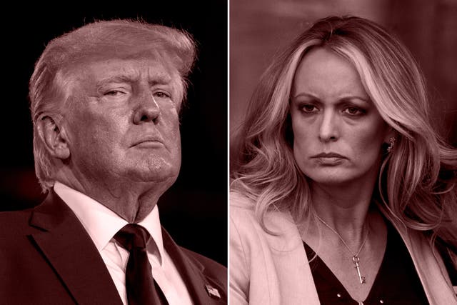 <p>Donald Trump (left) is on trial over hush money payments made to Stormy Daniels (right)  </p>