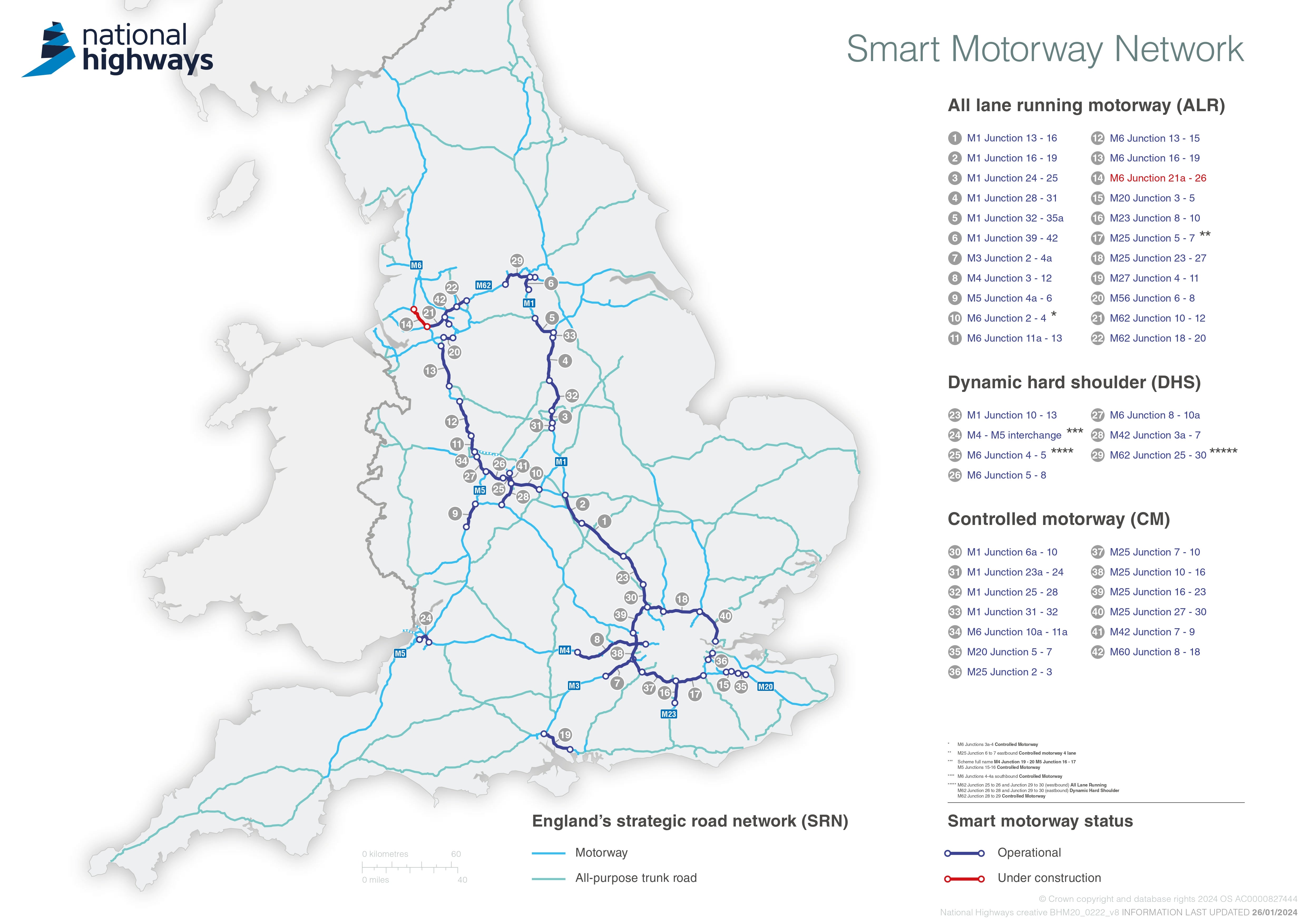 Map of smart motorways in the UK January 2024