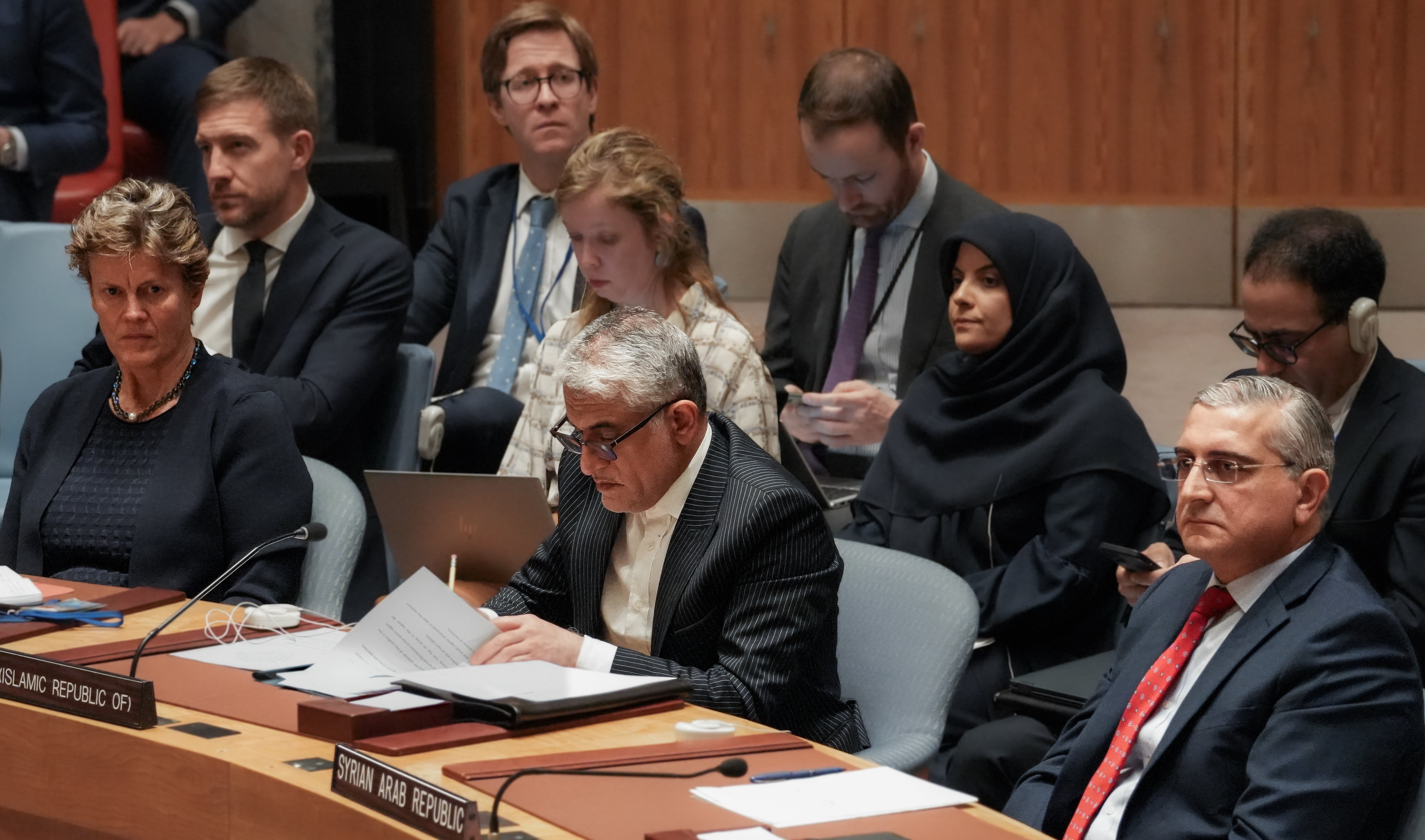 Islamic Republic of Iran Ambassador Amir Saeid Iravani reads a speech to members of the Security Council at United Nations