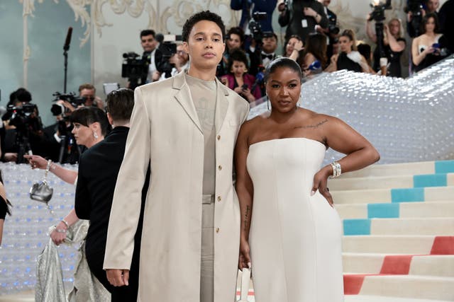 <p>Brittney Griner, pictured at the Met Gala in May 2023 with wife Cherelle, reflected on her time in a Russian prison in new interview </p>