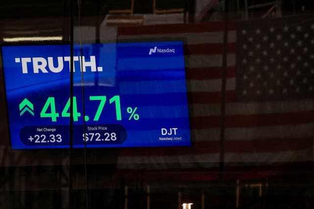 <p>A screen displays trading information about shares of Truth Social and Trump Media & Technology Group, outside the Nasdaq Market site in New York City, US, on 26 March 2024</p>
