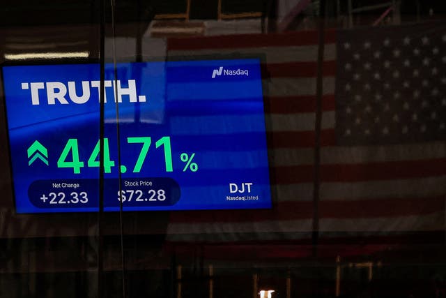 <p>A screen displays trading information about shares of Truth Social and Trump Media & Technology Group, outside the Nasdaq Market site in New York City, US, on 26 March 2024</p>