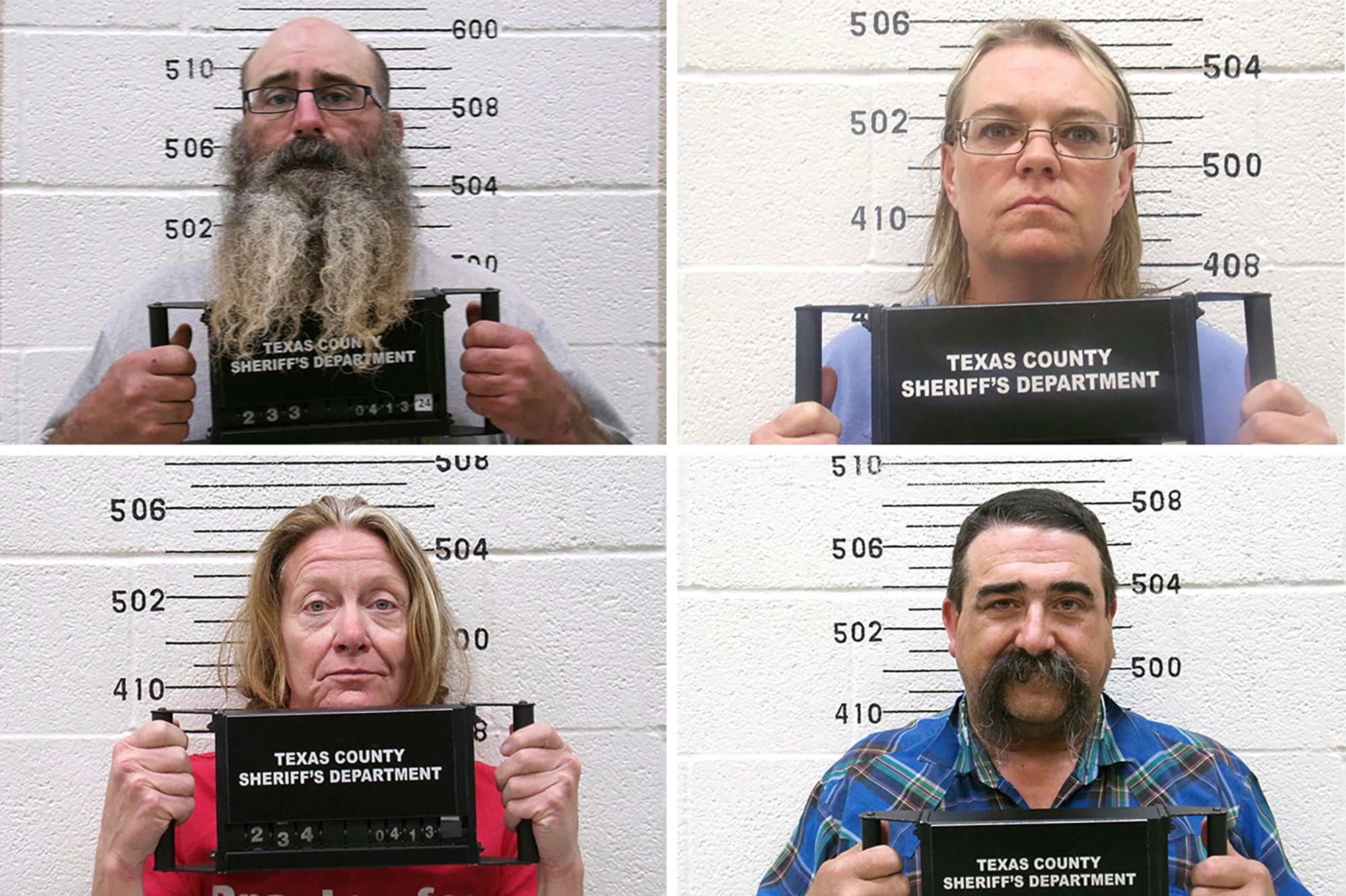 This combination of booking photo provided by the Oklahoma State Bureau of Investigation From top left: Tad Bert Cullum, top left, Cora Twombly, top right, Tifany Machel Adams, bottom left, and Cole Earl Twombly, bottom right.