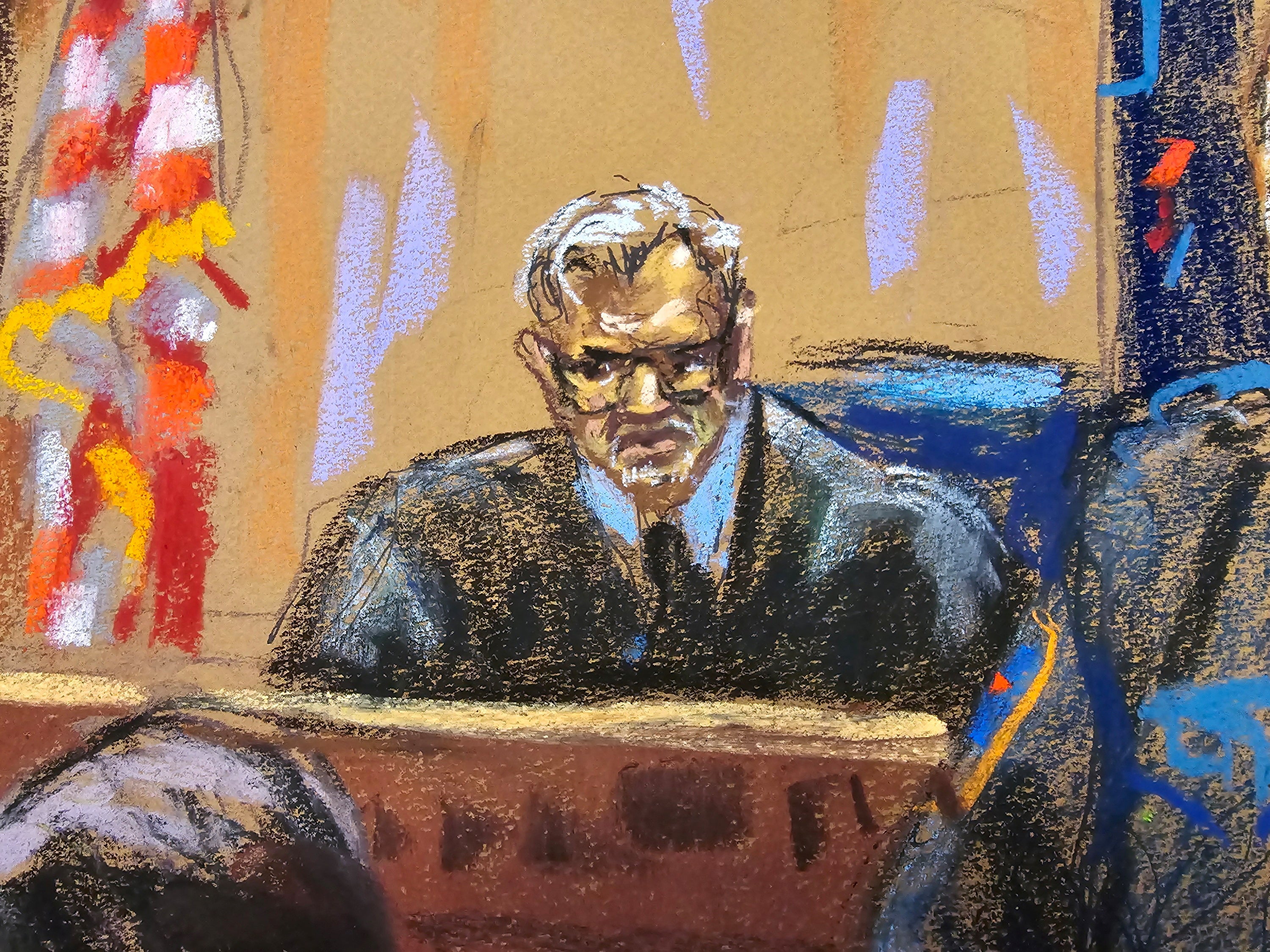 Court sketch of Judge Merchan on the first day of the trial