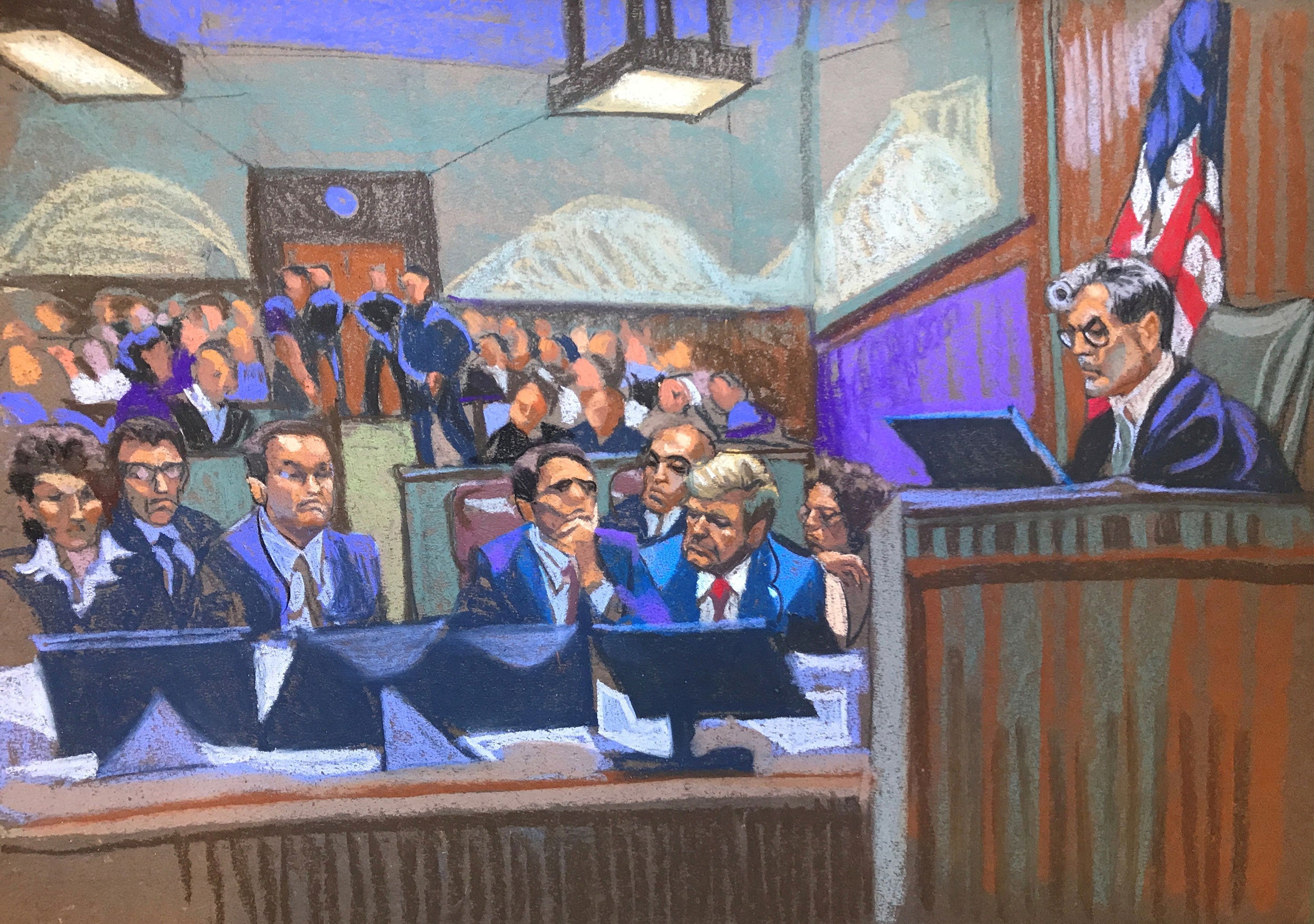 An evocative overview of the scene inside Juan Merchan’s courtroom, with Donald Trump and his defence attorneys assembled on the front bench