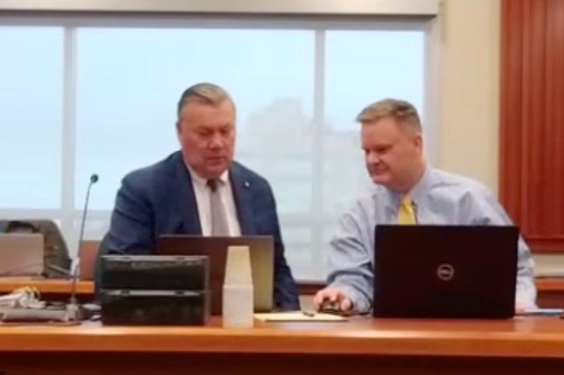 <p>Chad Daybell (right) sits at the defence table with his attorney John Prior </p>