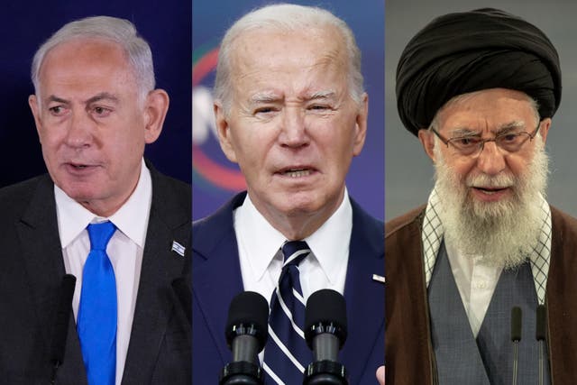 <p>Benjamin Netanyahu, Joe Biden, and Ayatollah Ali Khamenei</p>