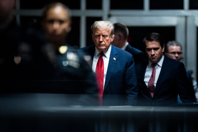 <p>Former US President Donald J. Trump walks out of the courtroom following the first day of jury selection at the Manhattan criminal court in New York, New York, USA, 15 April 2024</p>