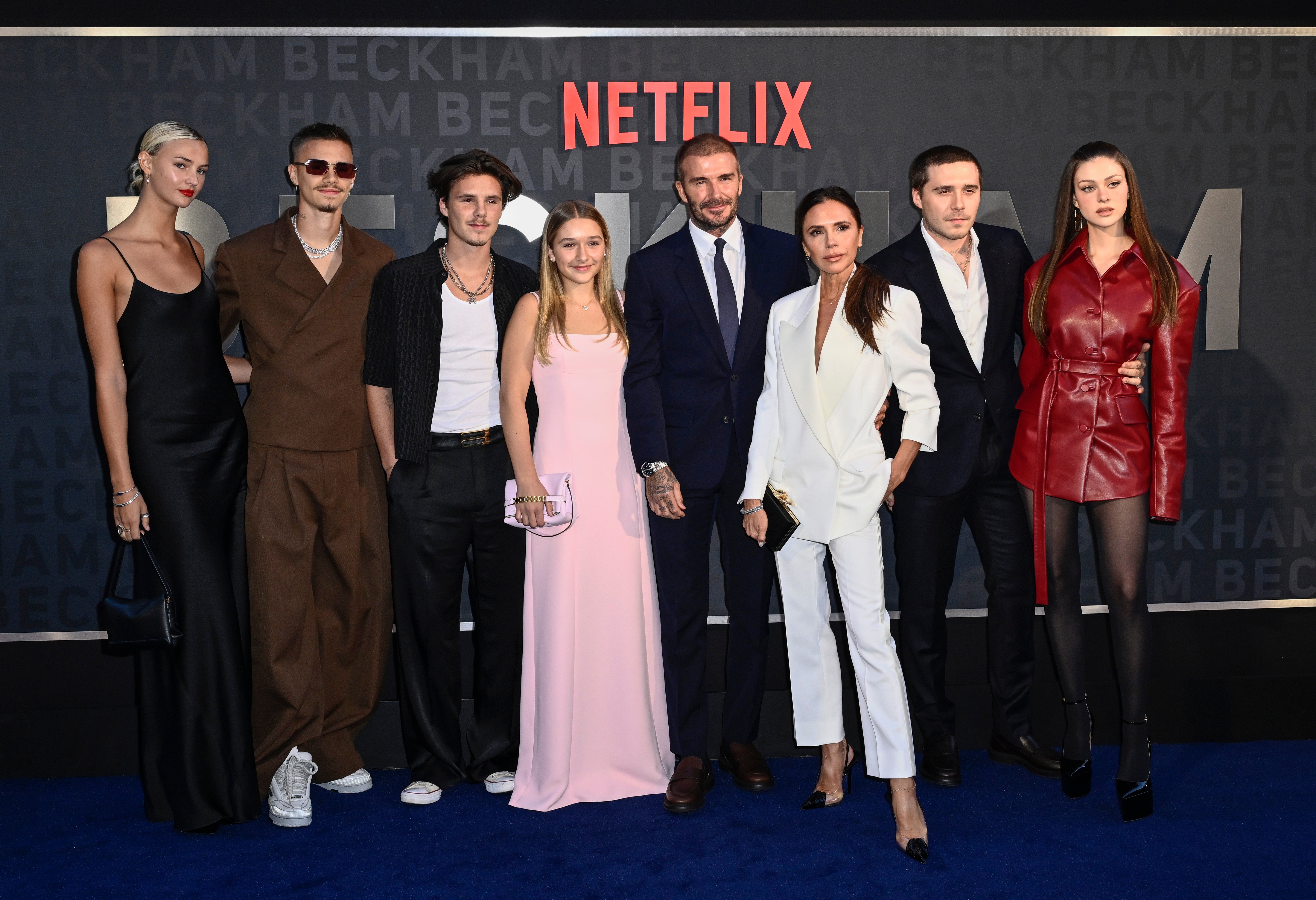 (From left) Mia Regan, Romeo Beckham, Cruz Beckham, Harper Beckham, David Beckham, Victoria Beckham, Brooklyn Peltz Beckham and Nicola Peltz Beckham