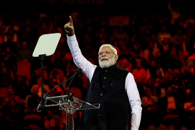 <p>Narendra Modi speaks during an Indian cultural event with Australia’s prime minister Anthony Albanese </p>