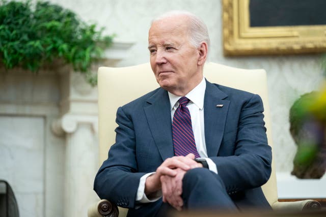 <p>US President Joe Biden at a meeting with the Czech Republic's prime minister in the Oval Office at the White House in Washington, DC, on 15 April 2024</p>