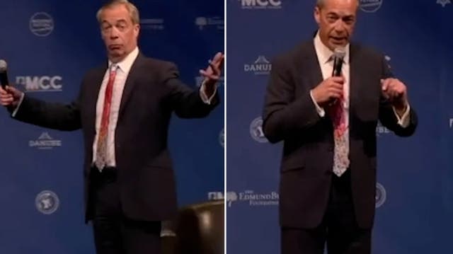<p>Watch moment Nigel Farage finds out police are waiting to shut down NatCon Conference live on stage.</p>