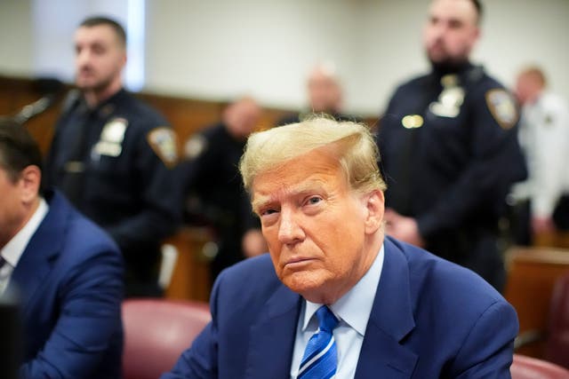 <p>Former President Donald Trump awaits the start of proceedings on the second day of jury selection at Manhattan criminal court</p>