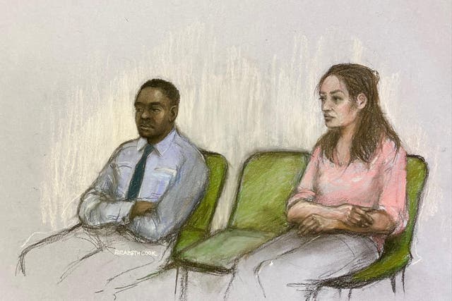 <p>Court artist sketch by Elizabeth Cook of Constance Marten and Mark Gordon at the Old Bailey (Elizabeth Cook/PA)</p>