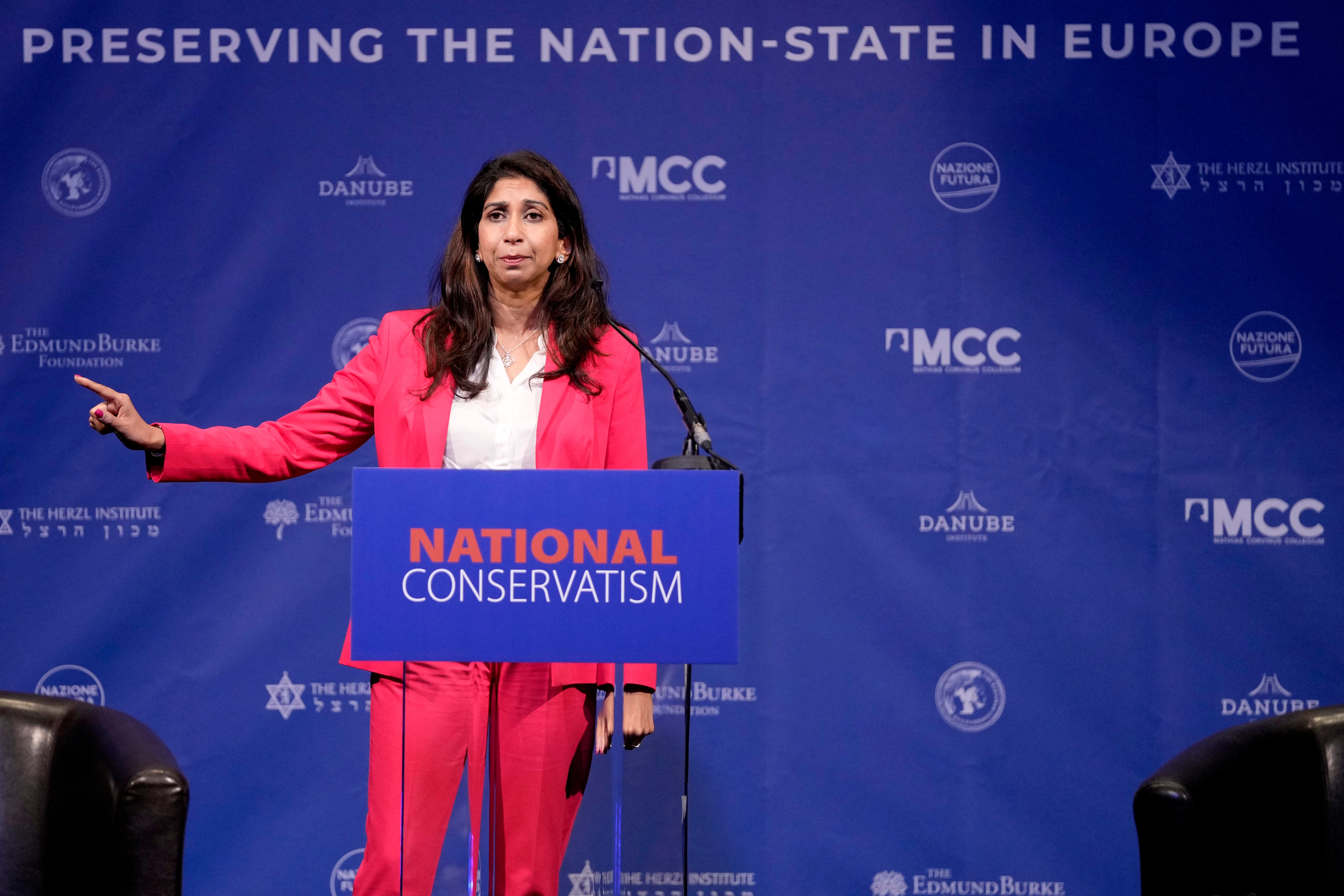 Suella Braverman addressed the National Conservatism conference in Brussels, which local authorities attempted to shut down over public safety concerns. (AP Photo/Virginia Mayo)