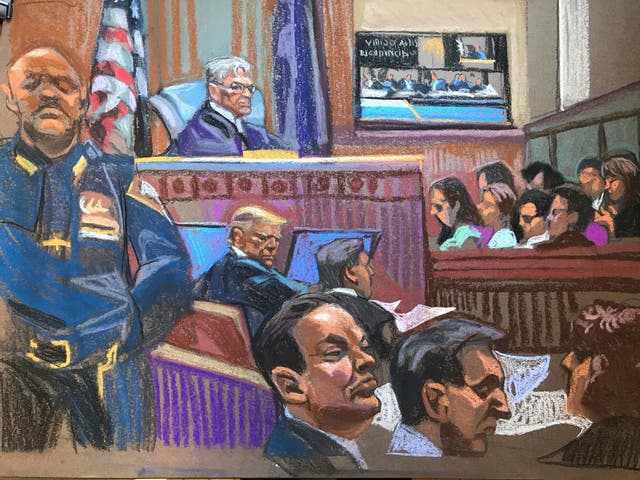 <p>Former US president Donald Trump sits beside his lawyer Todd Blanche on the second day of jury selection in his criminal trial in Manhattan Criminal Court in New York City</p>
