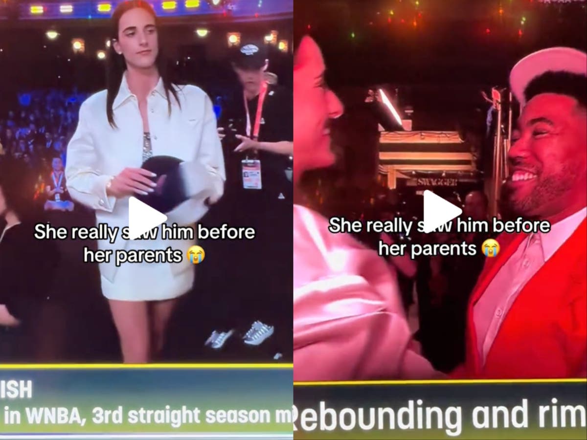 Caitlin Clark hugs Jake from State Farm before her parents after WNBA