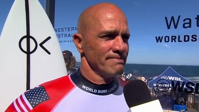 <p>Surf legend Kelly Slater chokes back tears after loss in Australia marks ends to incredible career.</p>