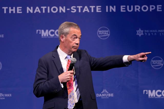 <p>Nigel Farage speaks during the National Conservatism conference in Brussels, on April 16, 2024</p>
