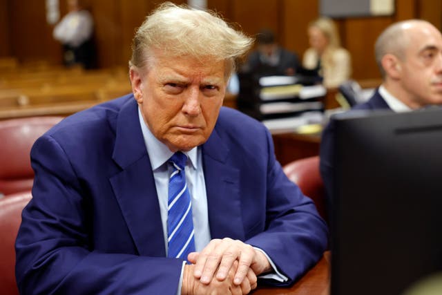 <p>Former president Donald Trump awaits the start of proceedings on the second day of jury selection at Manhattan Criminal Court</p>