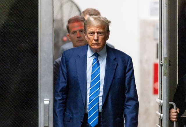 <p>Donald Trump appears in a Manhattan criminal courthouse on 16 April. </p>