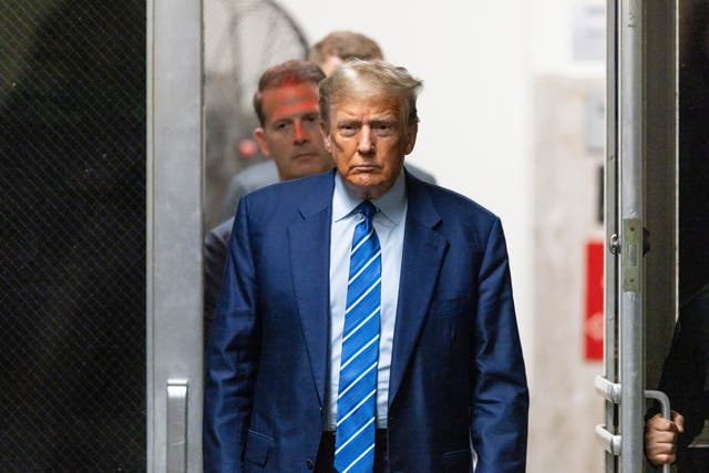 <p>Donald Trump appears in a Manhattan criminal courthouse on 16 April. </p>