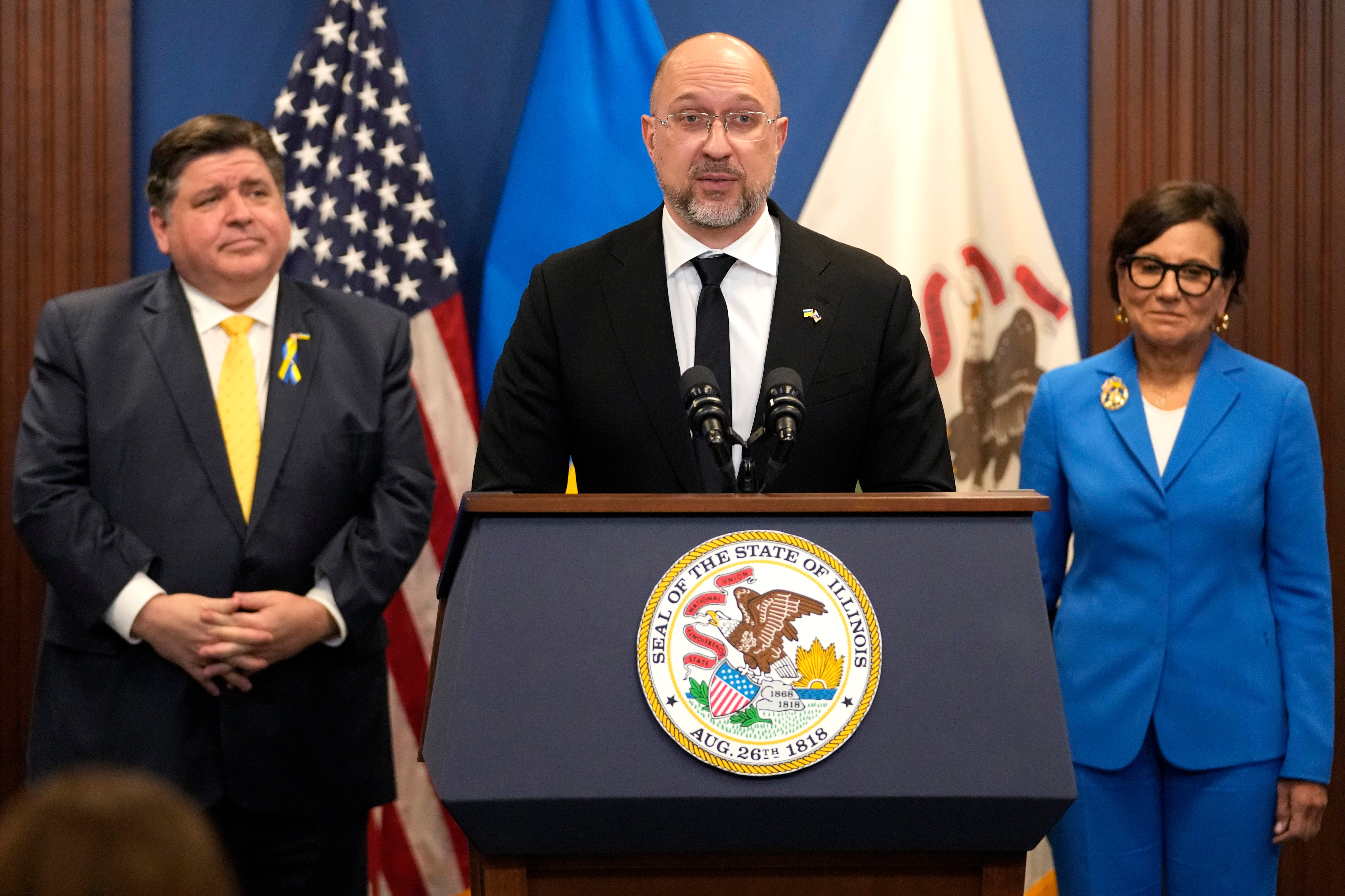 Ukrainian Prime Minister Denys Shmyhal speaking at a news conference in Chicago