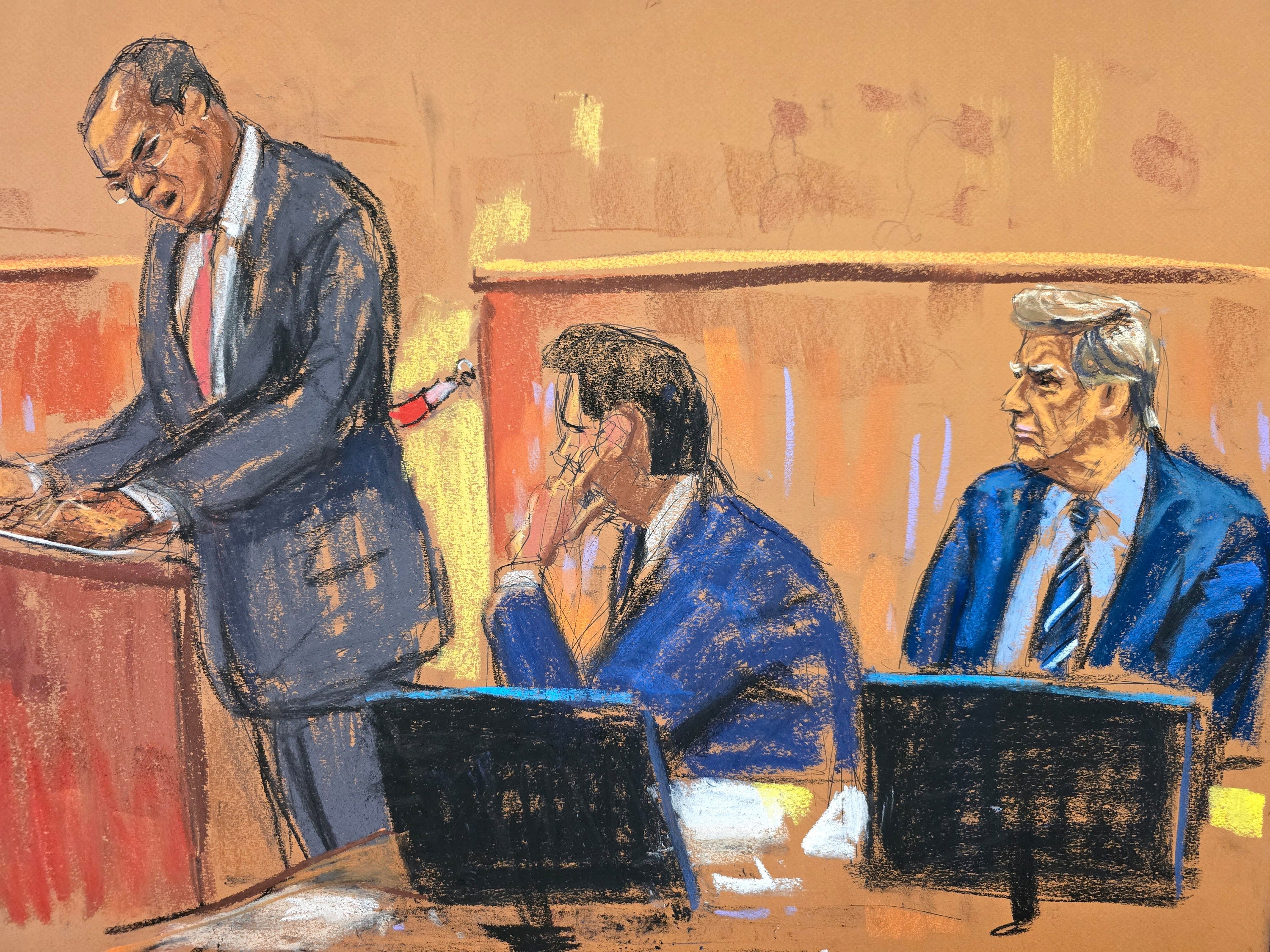 A courtroom sketch depicts Donald Trump sitting next to his attorney Todd Blanche while watching Manhattan prosecutor Joshua Steinglass inside a criminal courtoom on 16 April.