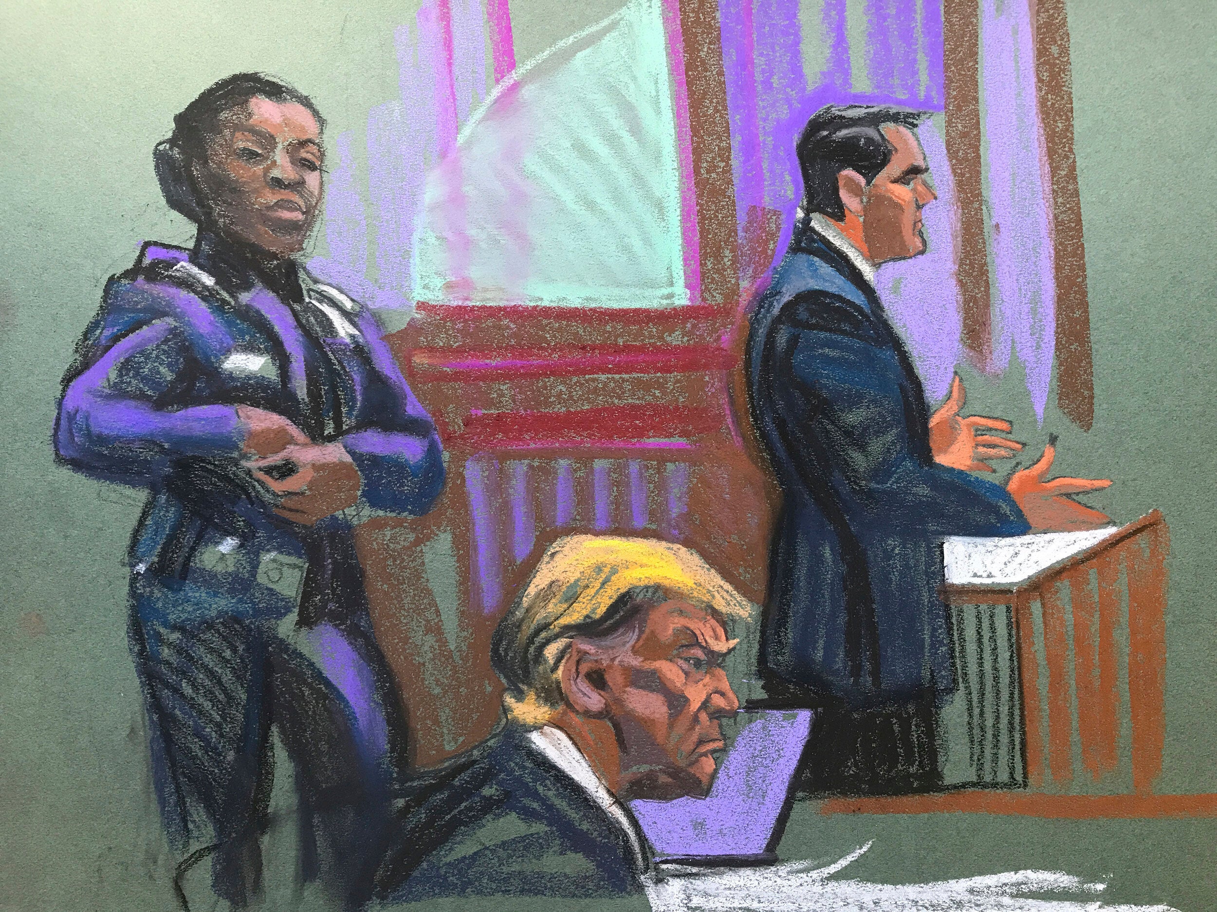 Donald Trump, seen in this courtroom sketch during day two of his hush money trial in New York City, faces nearly three dozen counts of falsifying business records