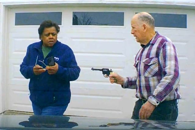 <p>In this image taken from Uber dashcam video released by the Clark County, Ohio, Sheriff's Office, William Brock, right, holds a weapon to Uber driver Loletha Hall outside his home in South Charleston, Ohio, on 25 March 25 2024</p>