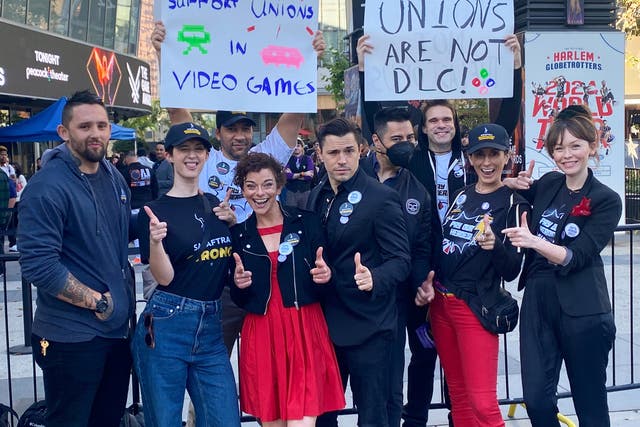<p>Unionised video game workers protest outside the Game Awards in Los Angeles in December 2023</p>
