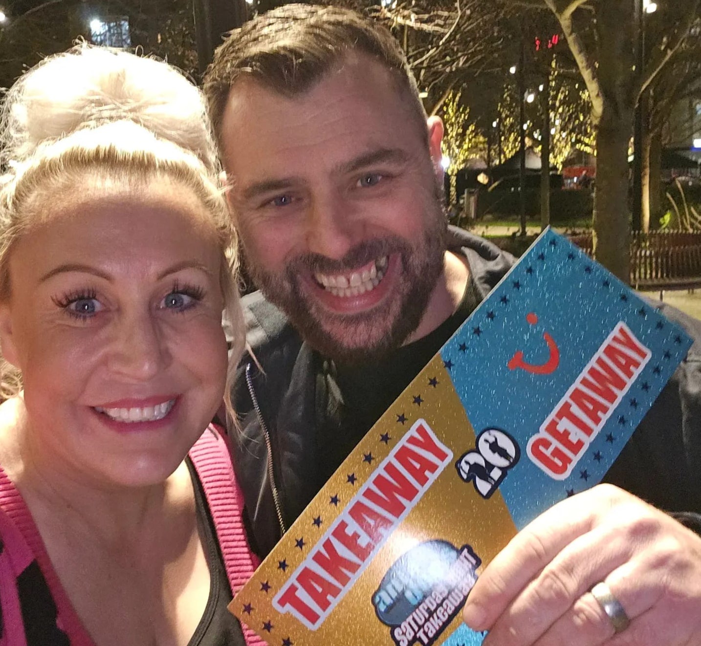 Tammy Fox with her partner Richard with their winning tickets from ‘Saturday Night Takeaway’