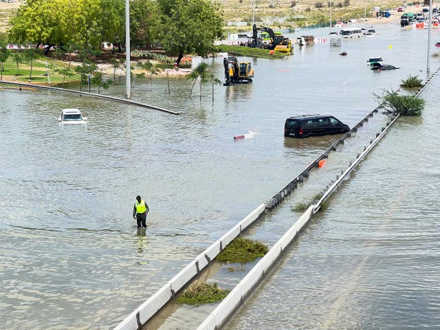 <p>Cars are stuck on a flooded road after a rainstorm hit Dubai, in Dubai, United Arab Emirates, April 17, 2024</p>