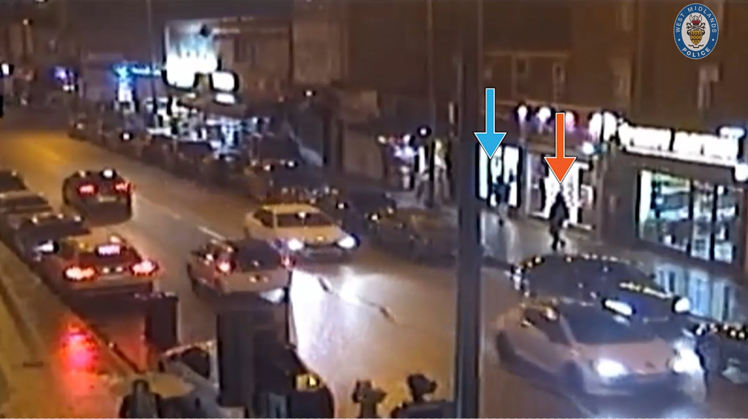 CCTV of Mohammed Abbkr (red arrow) following Mohammed Rayaz (blue arrow), 70 after leaving a prayer service at the Dudley Road Mosque