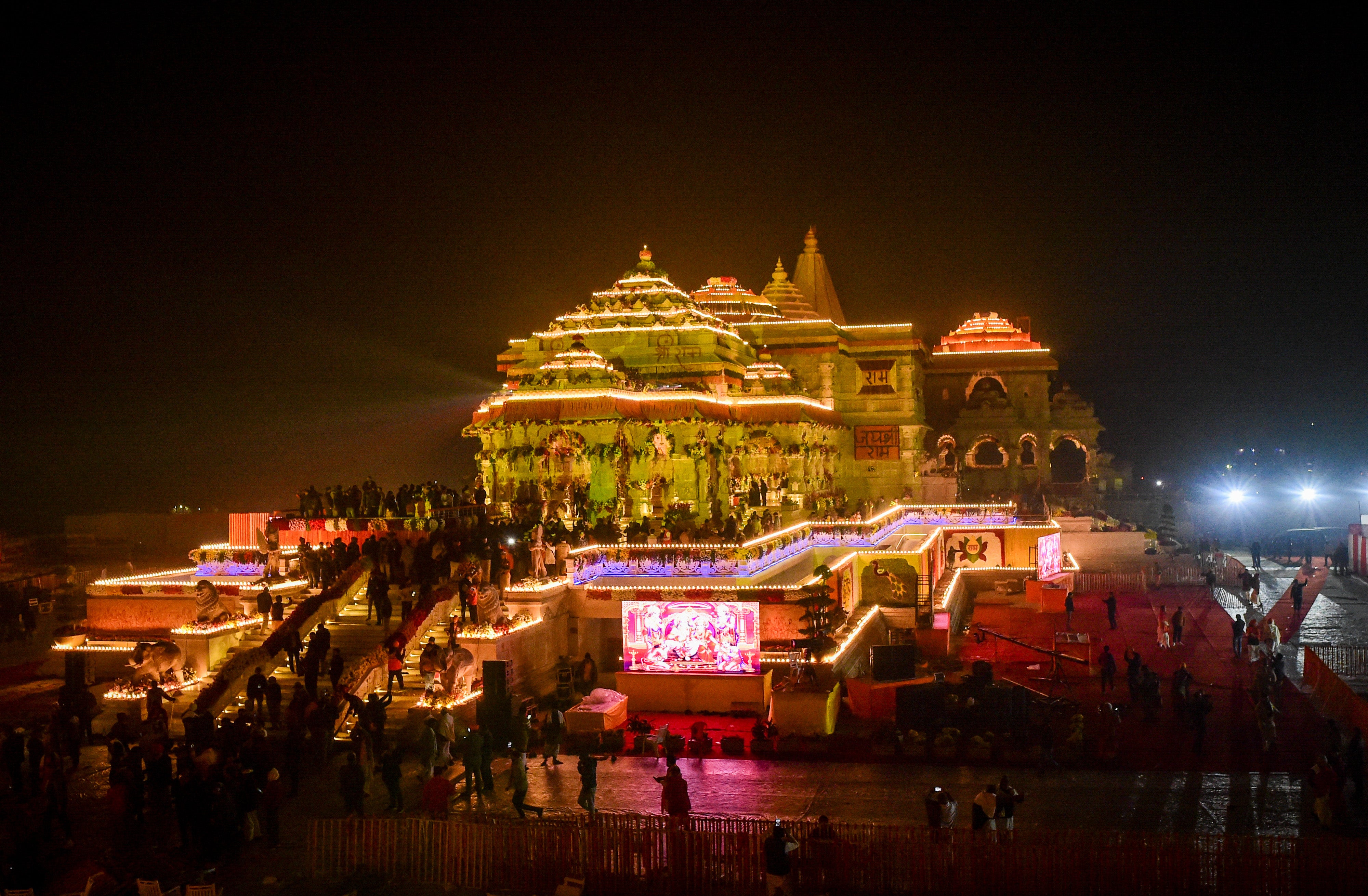 A view of the Ram Mandir on the day of its consecration ceremony in Ayodhya on 22 January 2024