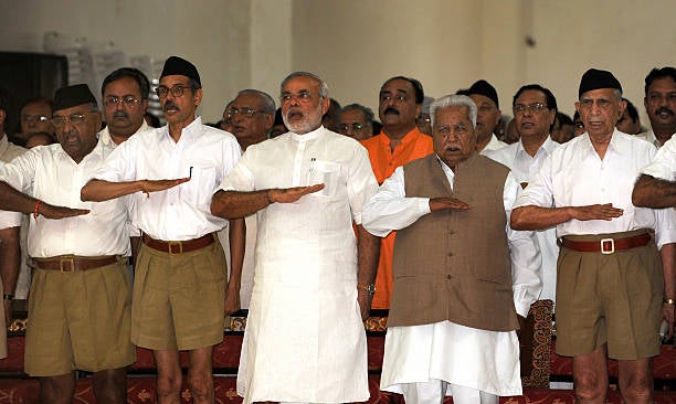 Narendra Modi attends a Rashtriya Swayamsevak Sangh gathering in Adalaj, Gujarat, in 2009