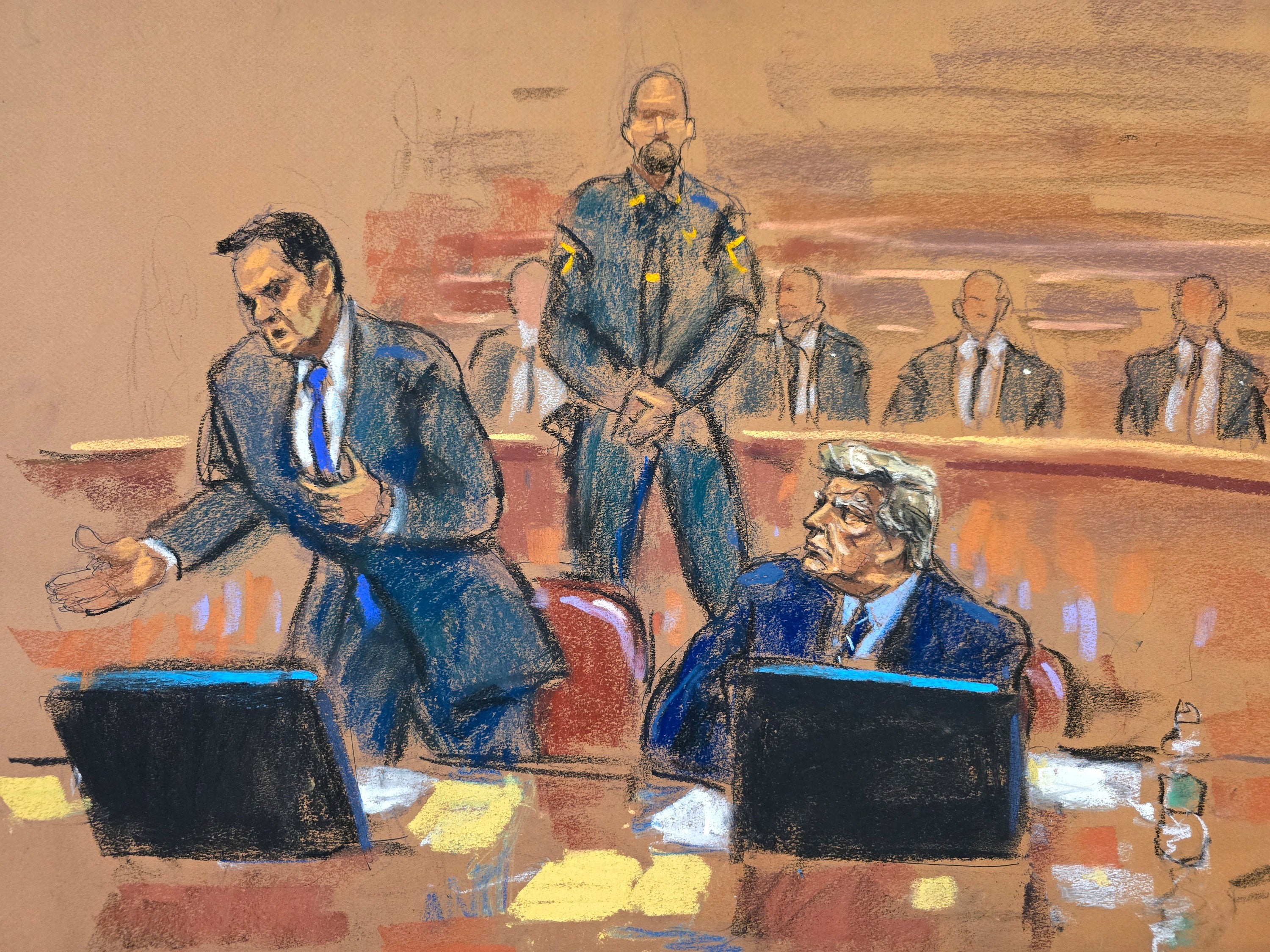 A courtroom sketch depicts Donald Trump watching his attorney Todd Blanche during jury selection in a Manhattan criminal courtroom on 17 April