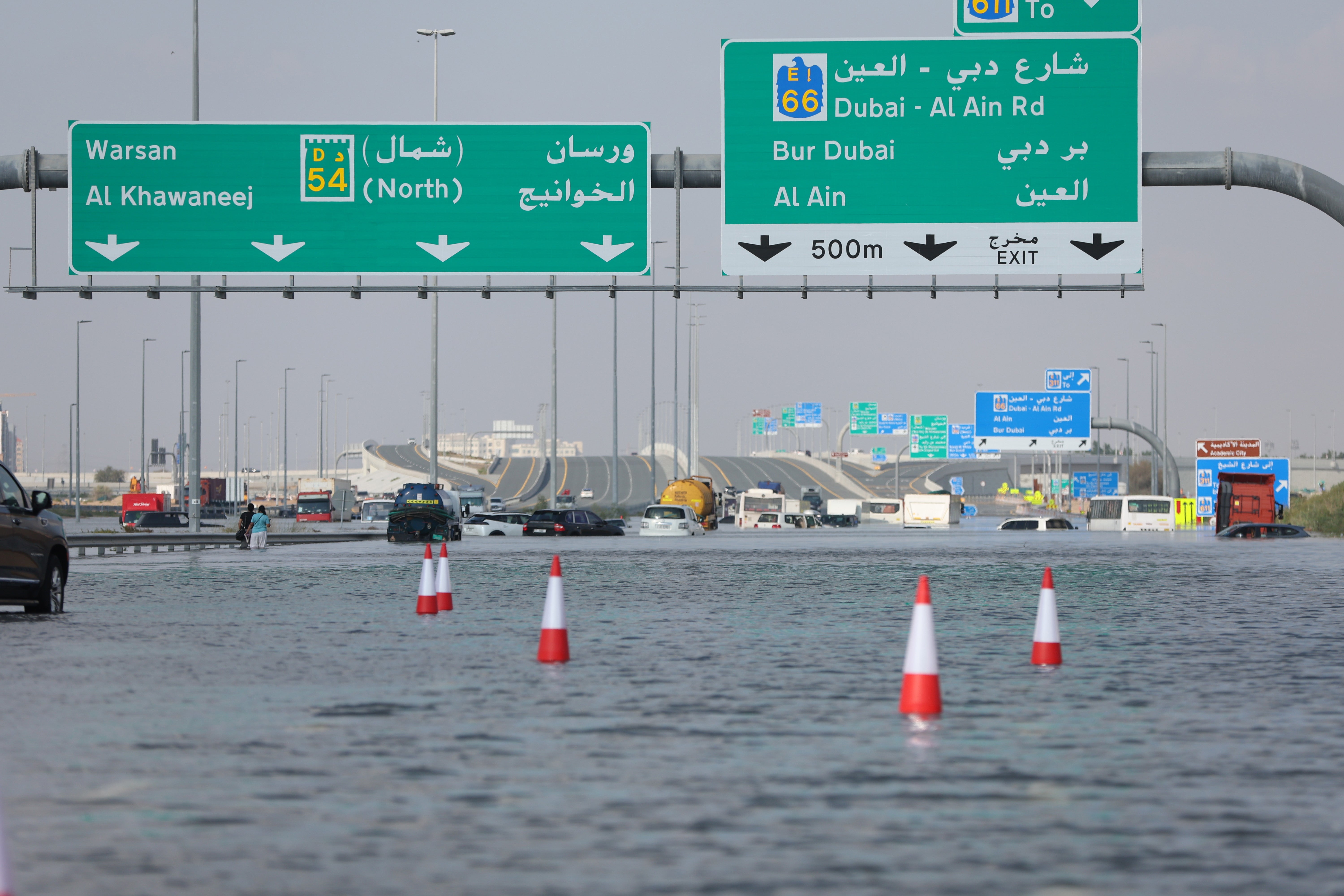 A flooded road after heavy rainfall in Dubai, United Arab Emirates, 17 April 2024