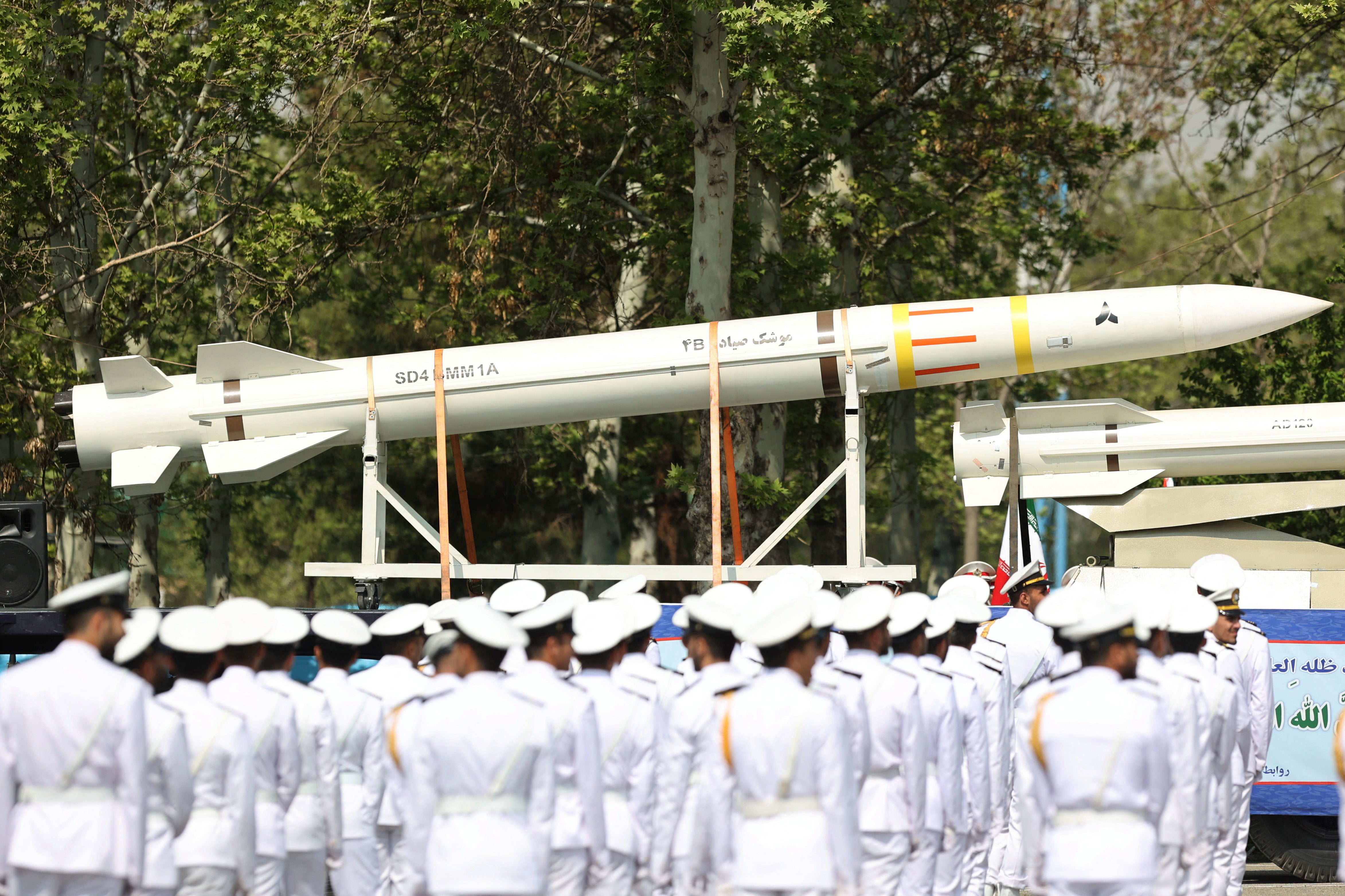An Iranian missile is seen during the National Army Day parade ceremony in Tehran, Iran