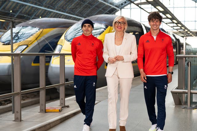 <p>On track: Team GB Olympics competitors Kid Karam (left) and Adam Burgess (right), with Eurostar CEO Gwendoline Cazenave</p>